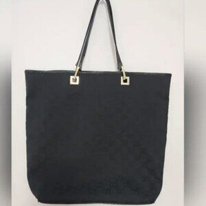 Authentic GUCCI Tote Bag Black GG Canvas and Leather